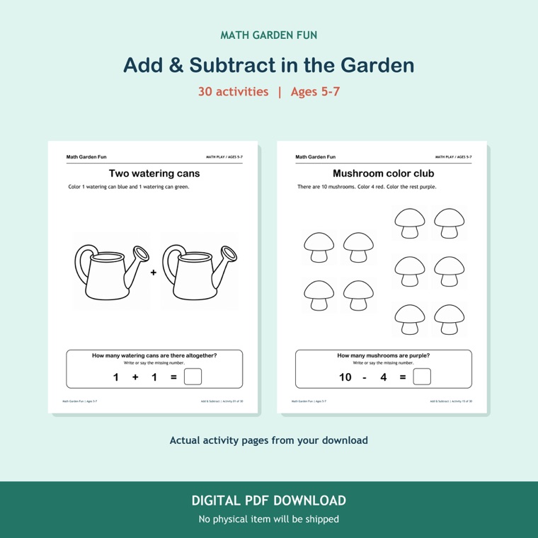 Two real Add & Subtract in the Garden printable activity pages with early arithmetic prompts