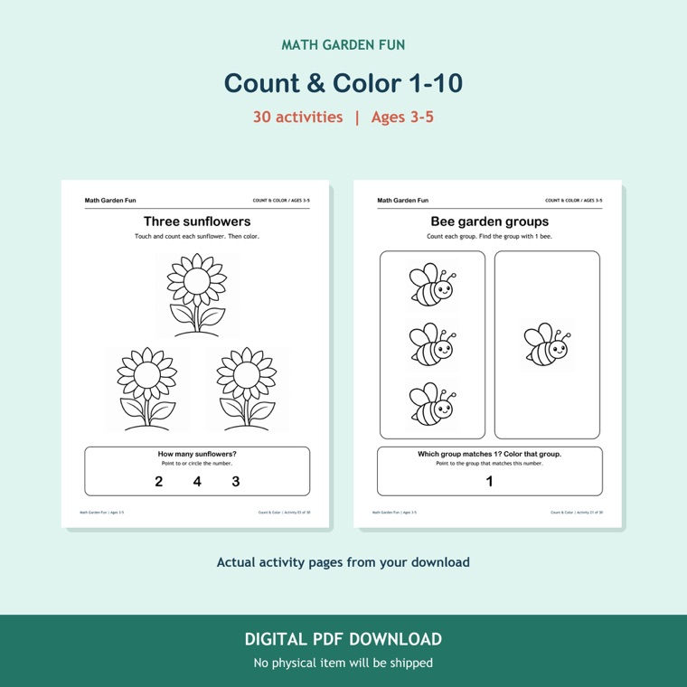 Two real Count & Color 1–10 pages: counting three sunflowers and finding a group with one bee