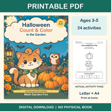 Halloween Count & Color cover art, ages 3–5, 24 garden activities