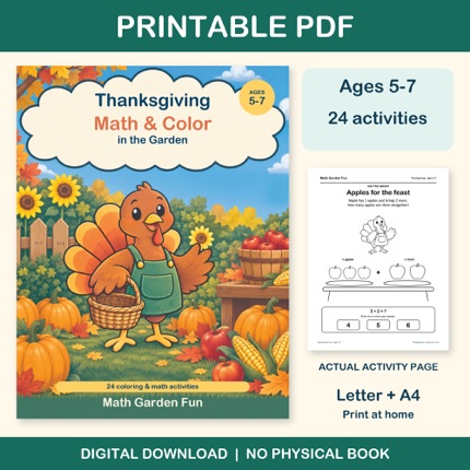 Thanksgiving Math & Color cover art, ages 5–7, 24 garden activities